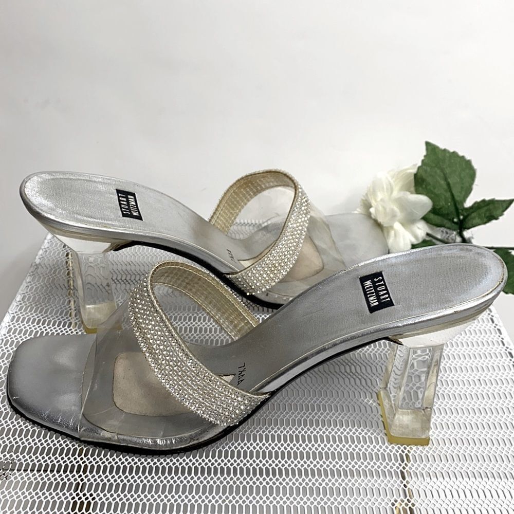 Stuart Weitzman SPELLBOUND‎ Crystal Rhinestone Clear Sandals Lucite Heel 7.5AA